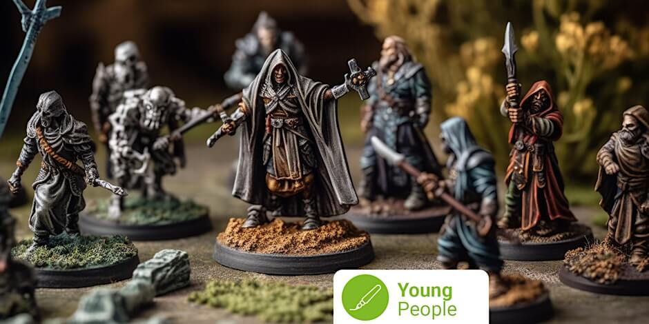 Close up of various fantasy-themed 3D figurines