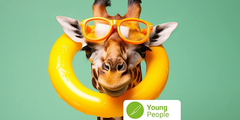 An AI-generated image of a giraffe wearing orange sunglasses with a yellow pool ring around its neck.