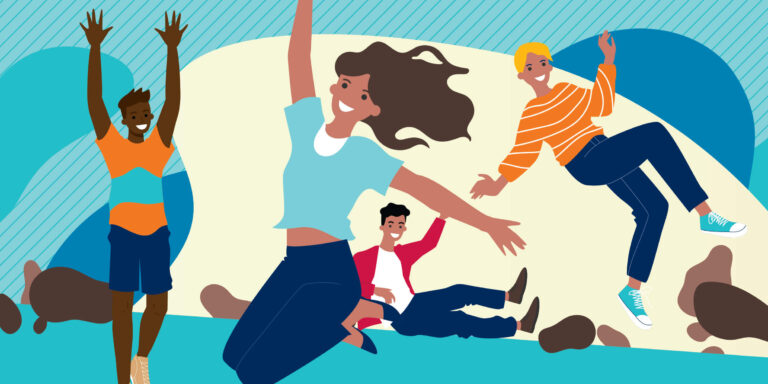 Cartoon young people jump in the air while smiling