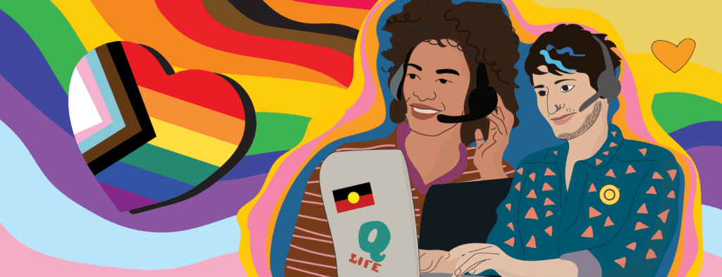 A digital illustration of two people at a laptop wearing headsets, against a rainbow background